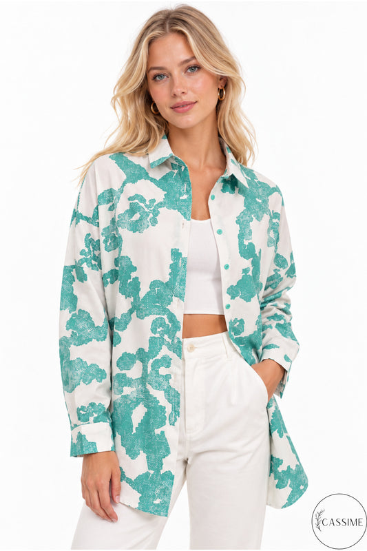 Melissa Women's Oversized Longline Shirt - Green and Off-White Print