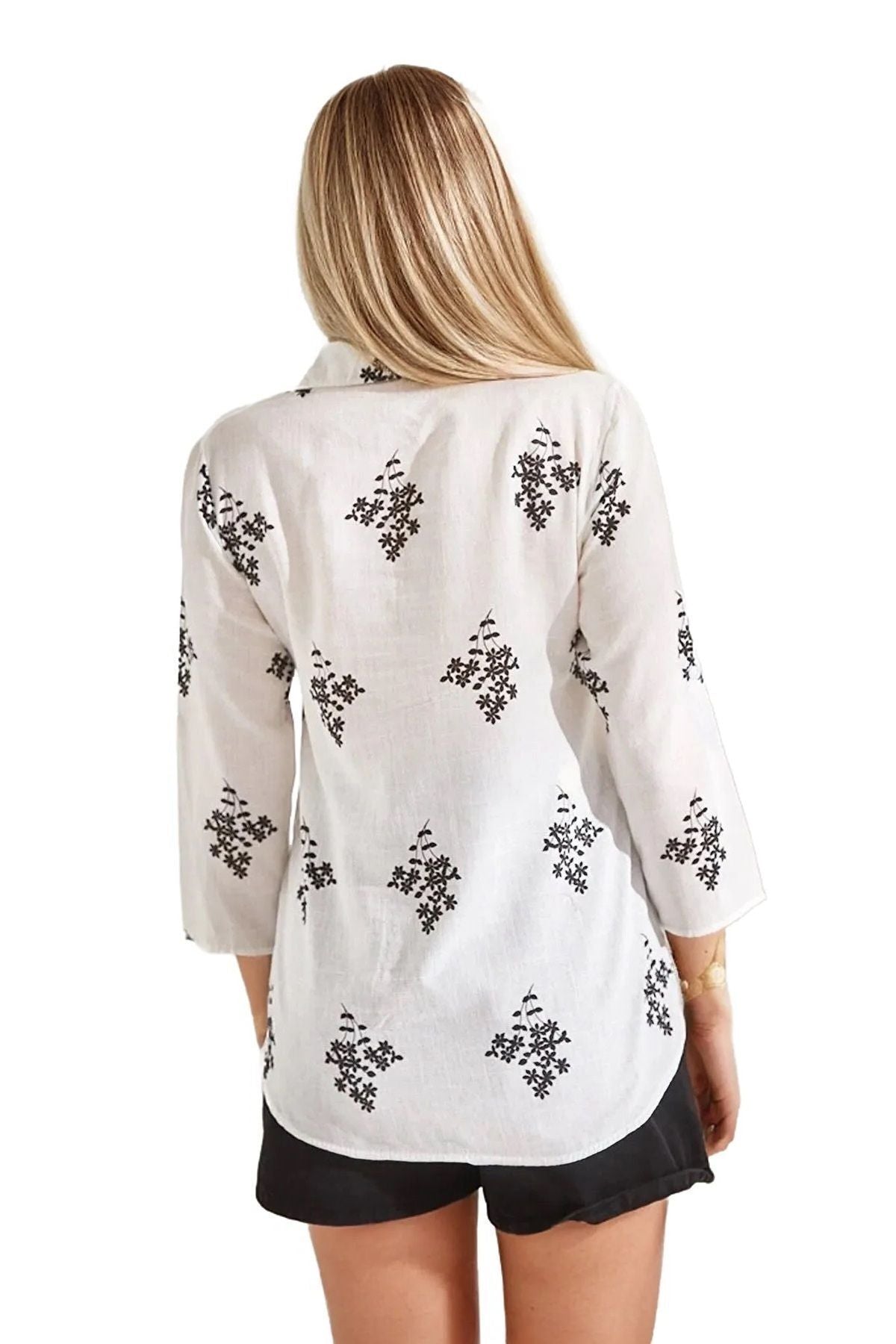 Robyn Women's Cotton Blend Roll-Sleeve Button-Up Shirt - White with Black Floral Print