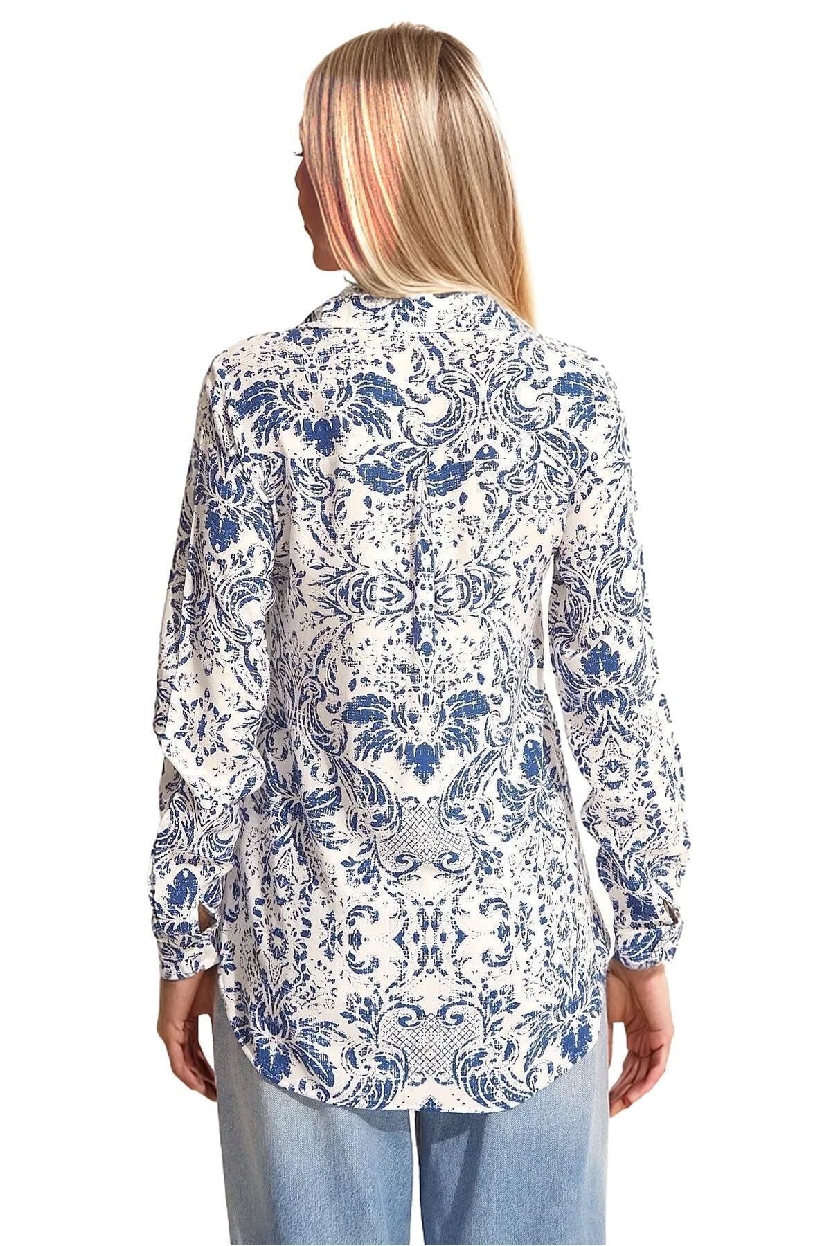 Amelia Women's Viscose Long Sleeve Button-Up Shirt - Blue Floral