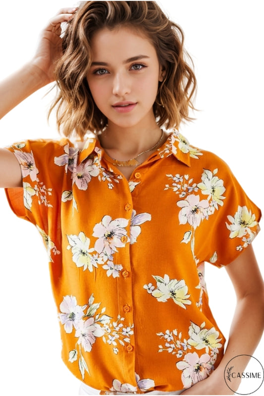 Charlotte Women's Viscose Short Sleeve Batwing Shirt - Orange Multicolor Floral