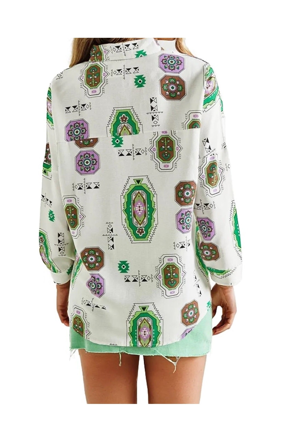 Emilia Women's Linen-Viscose Blend Oversized Printed Shirt - Green Boho Print