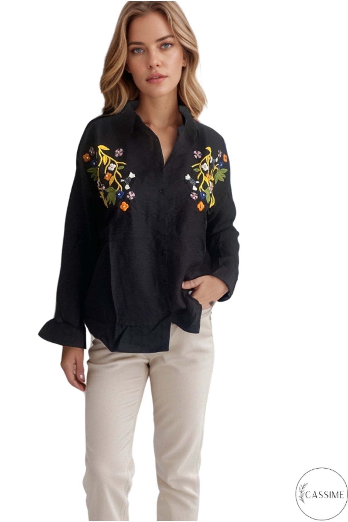 Claire Women's Floral Embellished Button-Up Shirt - Black Floral Embroidery