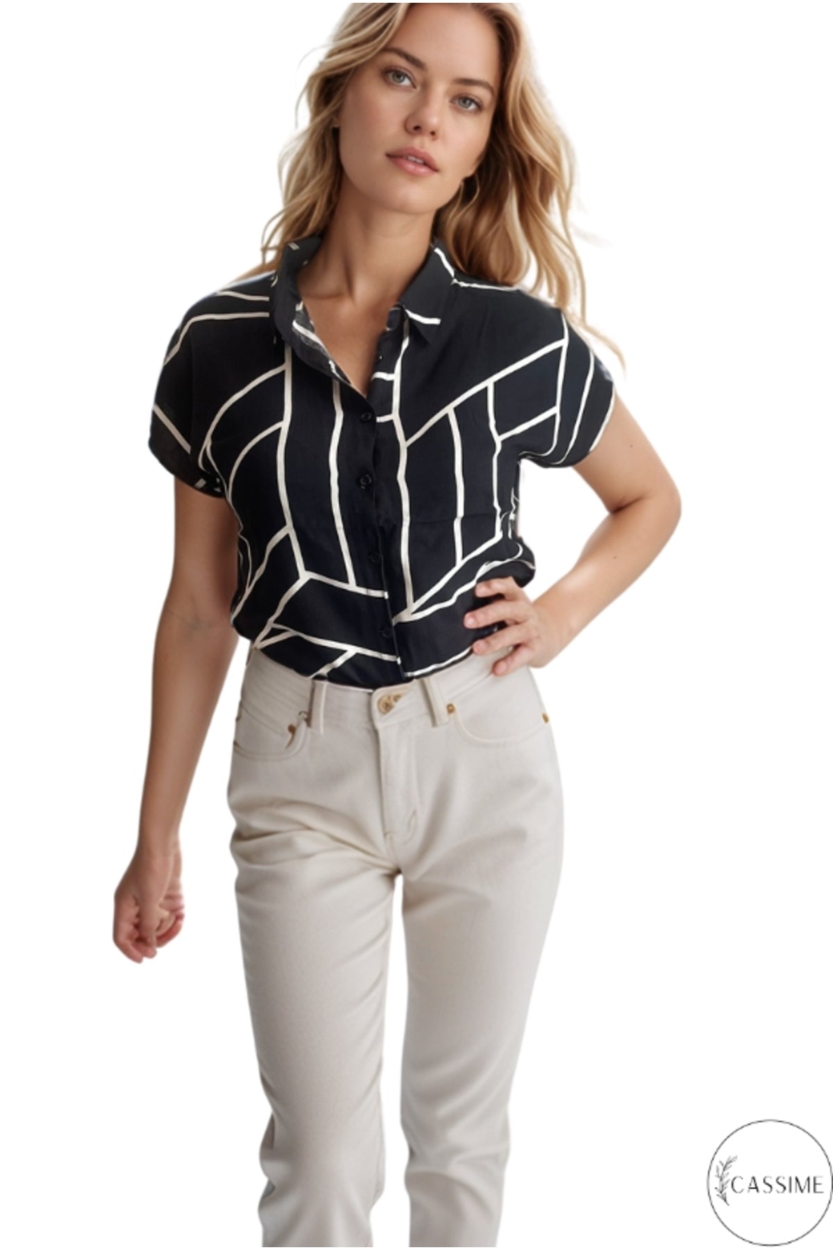 Charlotte Women's Short Sleeve Batwing Shirt - Black and White Geometric Print