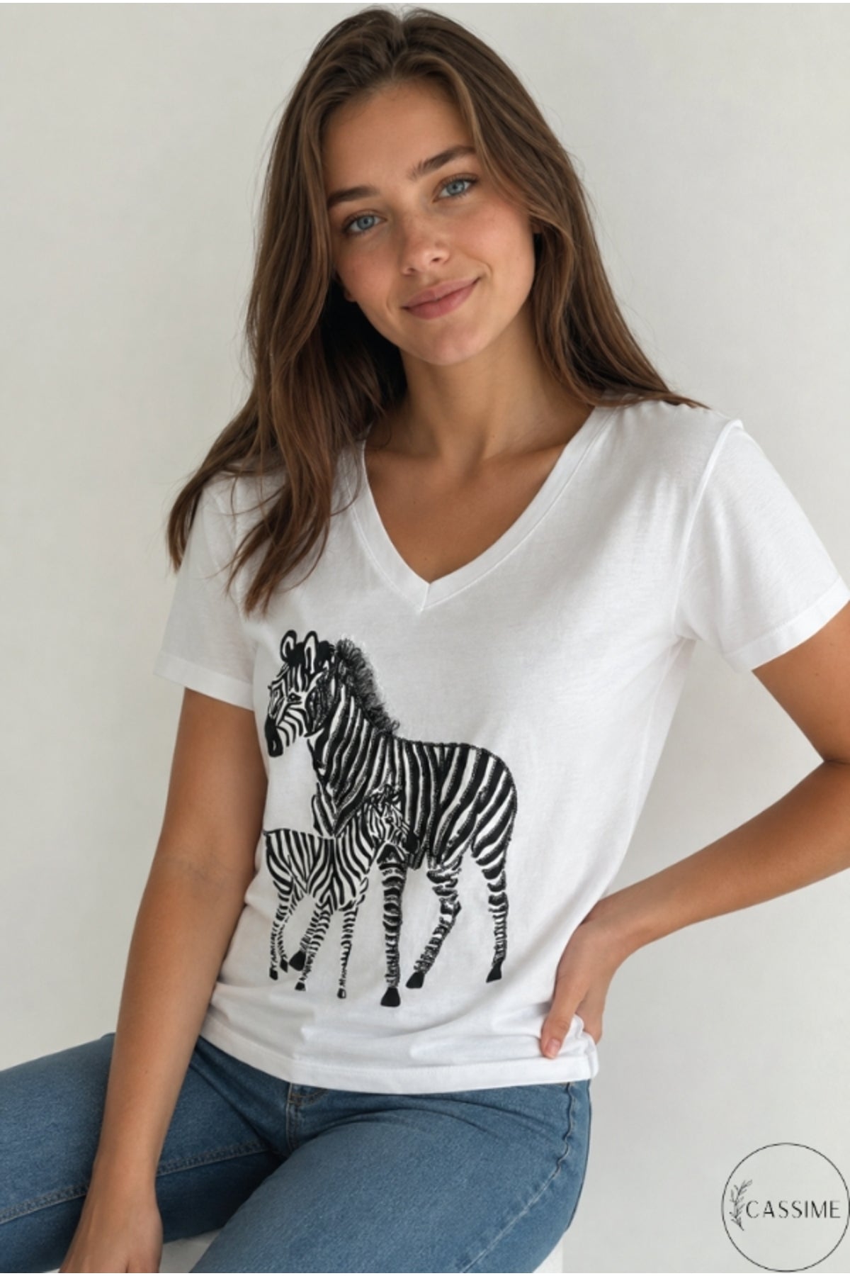 Olivia Women's Cotton Plus Size Embellished V-Neck T-Shirt - White Zebra Print