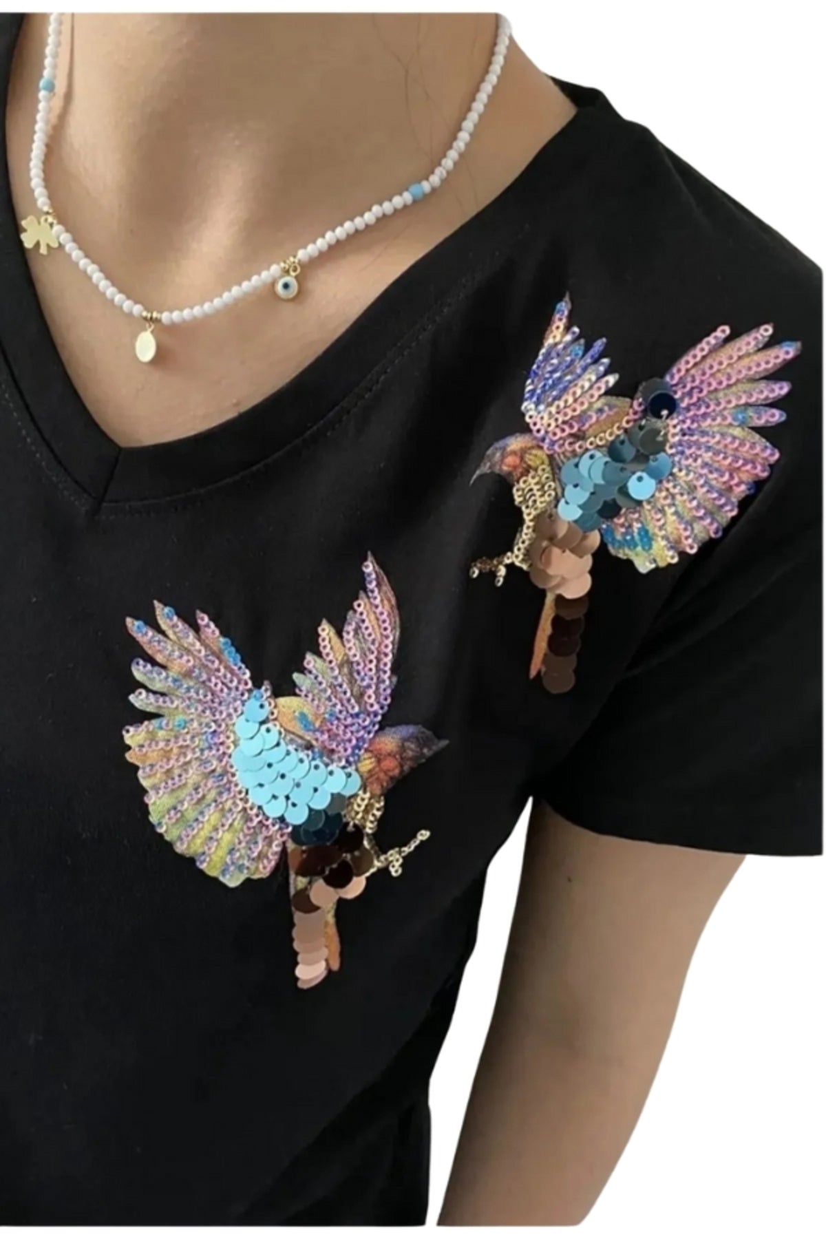 Olivia Women's Cotton Plus Size Embellished V-Neck T-Shirt - Black with Bird Sequins