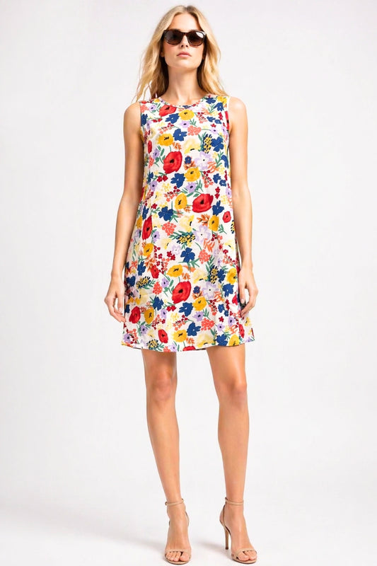 Charlene Women's Linen-Viscose Blend Floral Sleeveless Summer Dress - Red and Yellow Flower