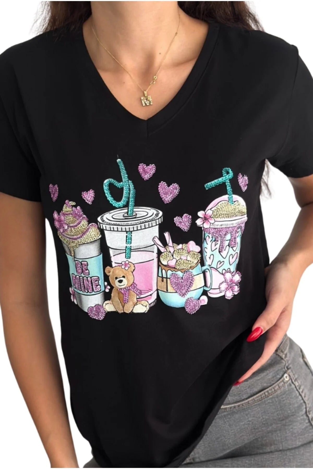Camiseta de algodón Tilda Black Bear con diseño floral