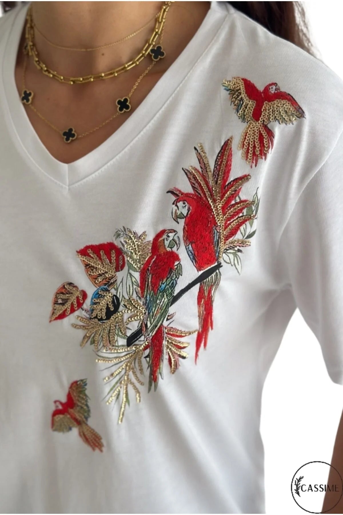 Camiseta de algodón Tilda con diseño floral de loros blancos