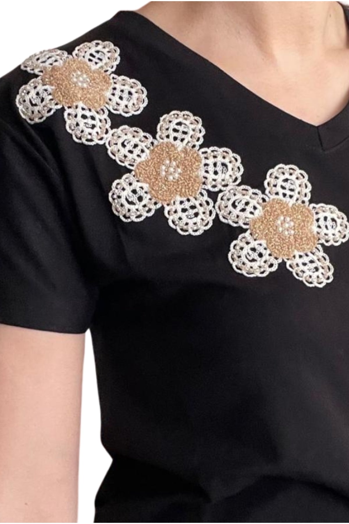 Emma Women's Cotton Embellished T-Shirt - Black Three Flower Knit
