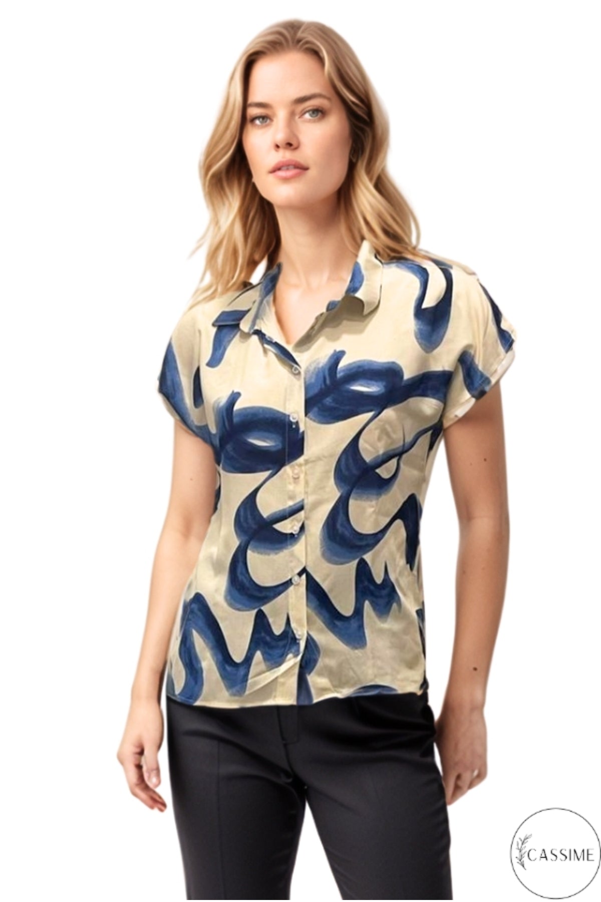 Charlotte Women's Short Sleeve Batwing Shirt - Navy Wave Print