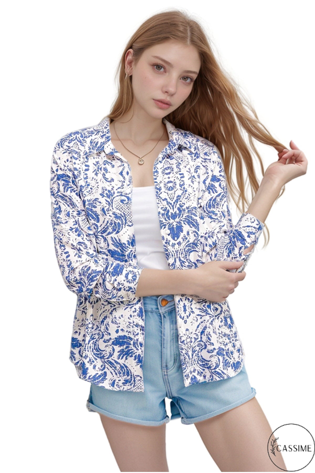 Eva Women's Viscose Graphic Print High-Low Shirt - Blue Graphic Print
