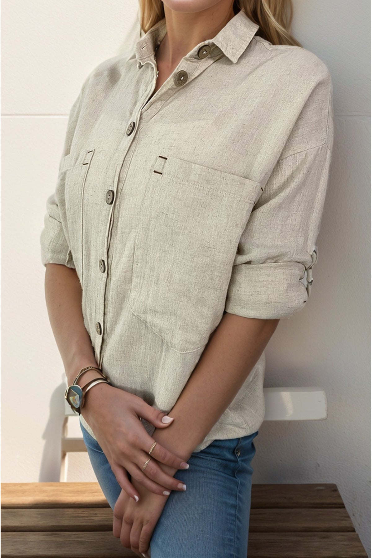 Jasmine Women's Cotton-Linen Blend Oversized Longline Button-Up Shirt - Beige