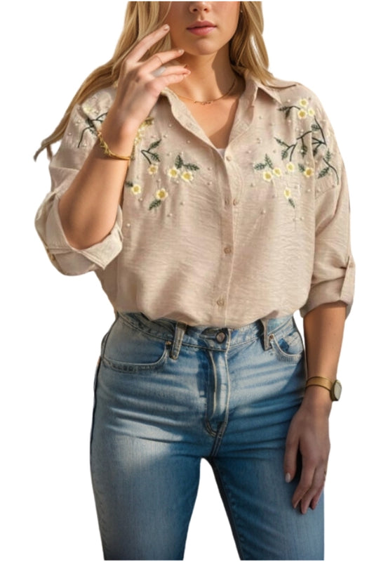 Nell Women's Daisy Embroidered Oversized Shirt - Light Beige