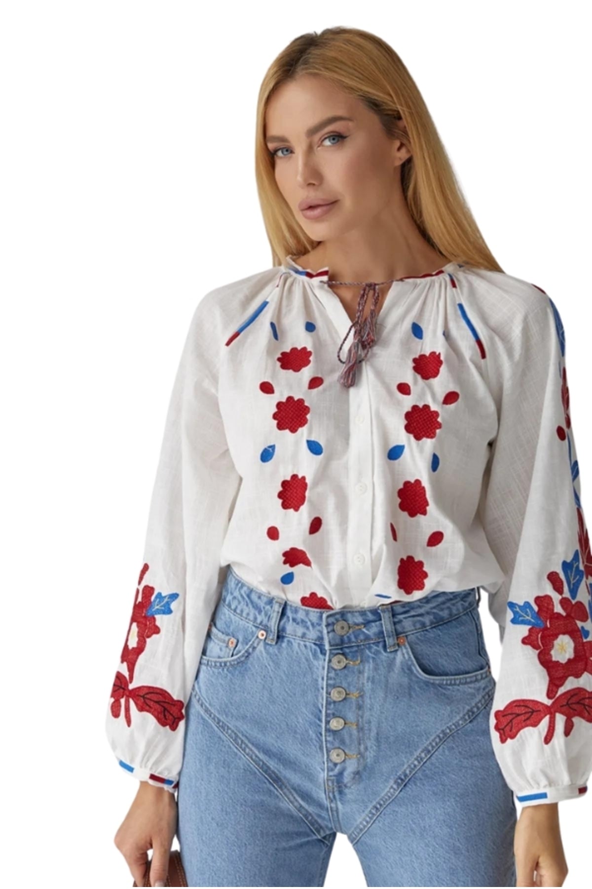 Sylvia Women's Cotton Floral Embroidered Blouse - White with Red and Blue Floral Embroidery