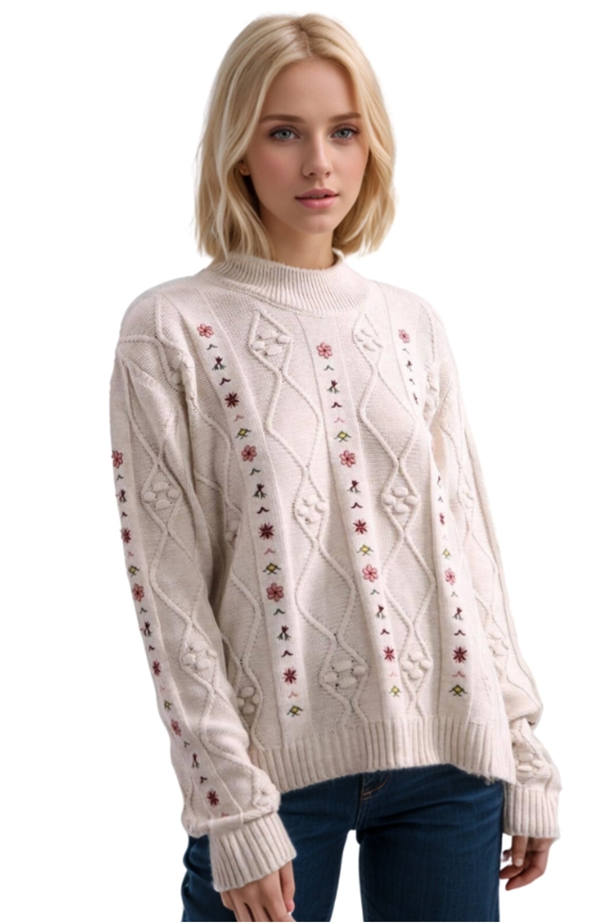 Keira Women's Floral Embroidered Knit Sweater - Cream