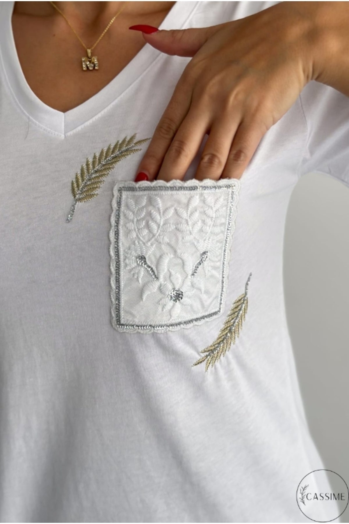 Olivia Women's Cotton Plus Size Embellished V-Neck T-Shirt - White with Pocket Embroidery