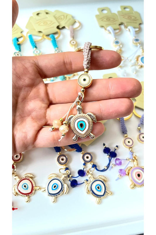Ivy Gold-Plated Evil Eye Keychain - Beige Turtle Design