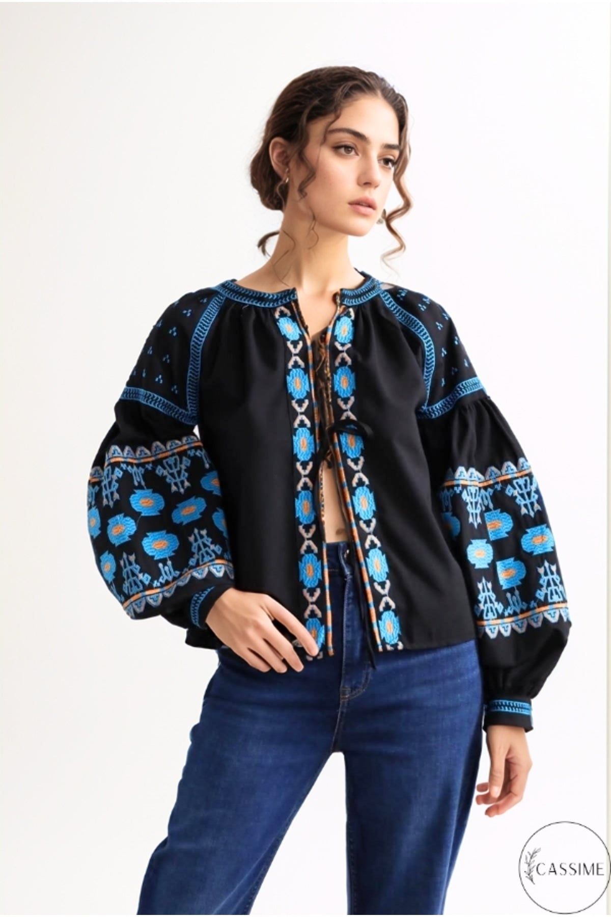 Fiona Women's Boho Print Balloon Sleeve Tie Jacket - Black