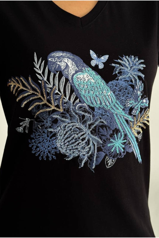 Sophie Women's Cotton Embellished V-Neck T-Shirt - Black with Blue Butterfly and Parrot