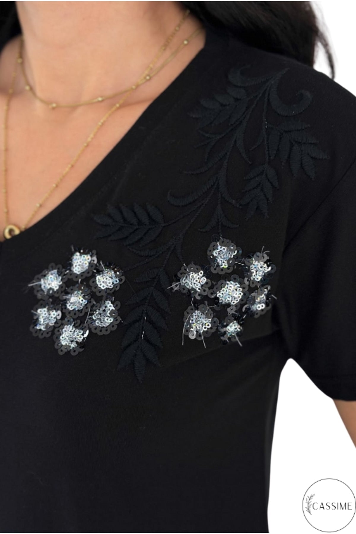 Olivia Women's Cotton Plus Size Embellished V-Neck T-Shirt - Black with Shoulder Sequins