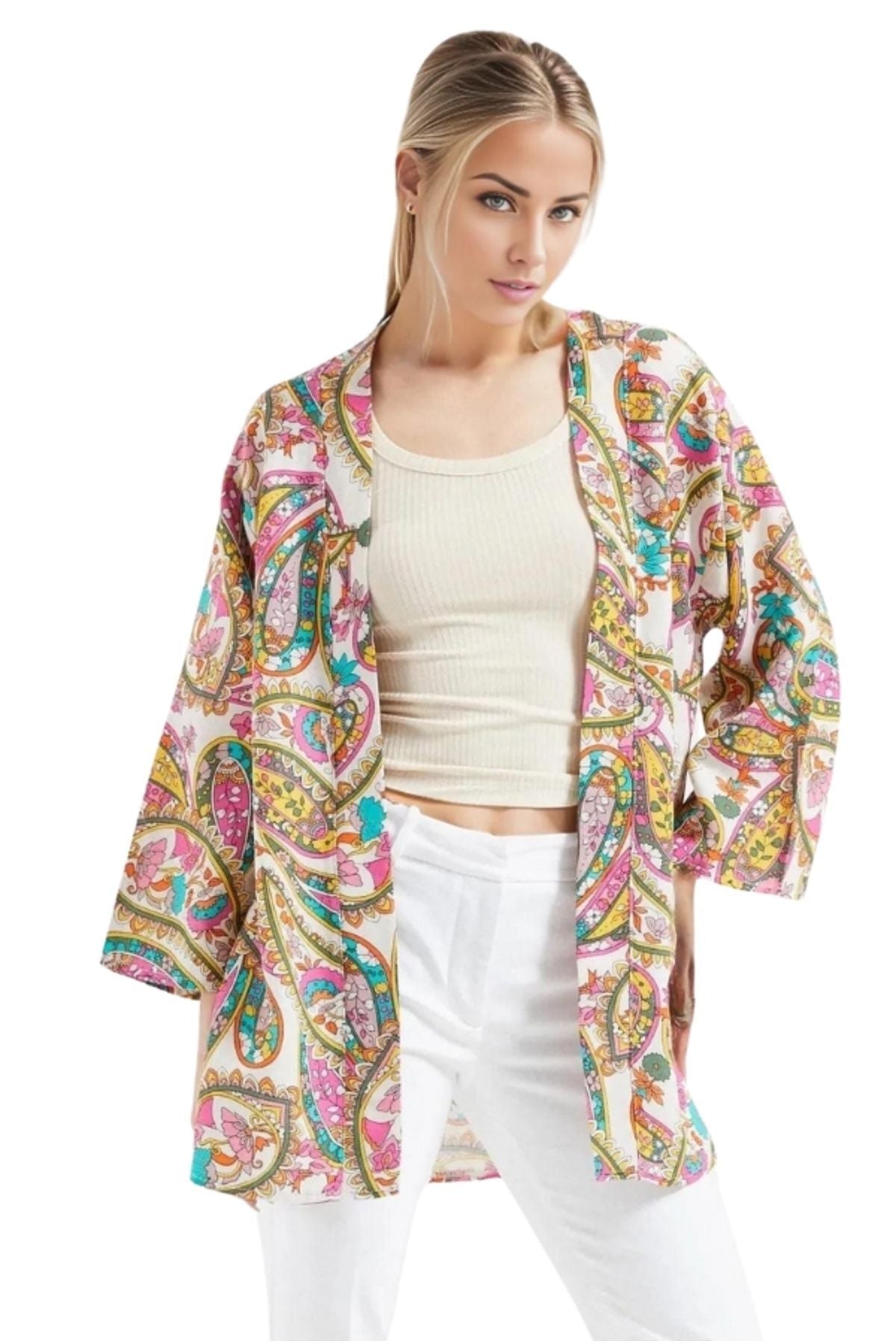 Catherine Women's Linen-Viscose Blend Relaxed Fit Kimono - Multicolor Boho Print