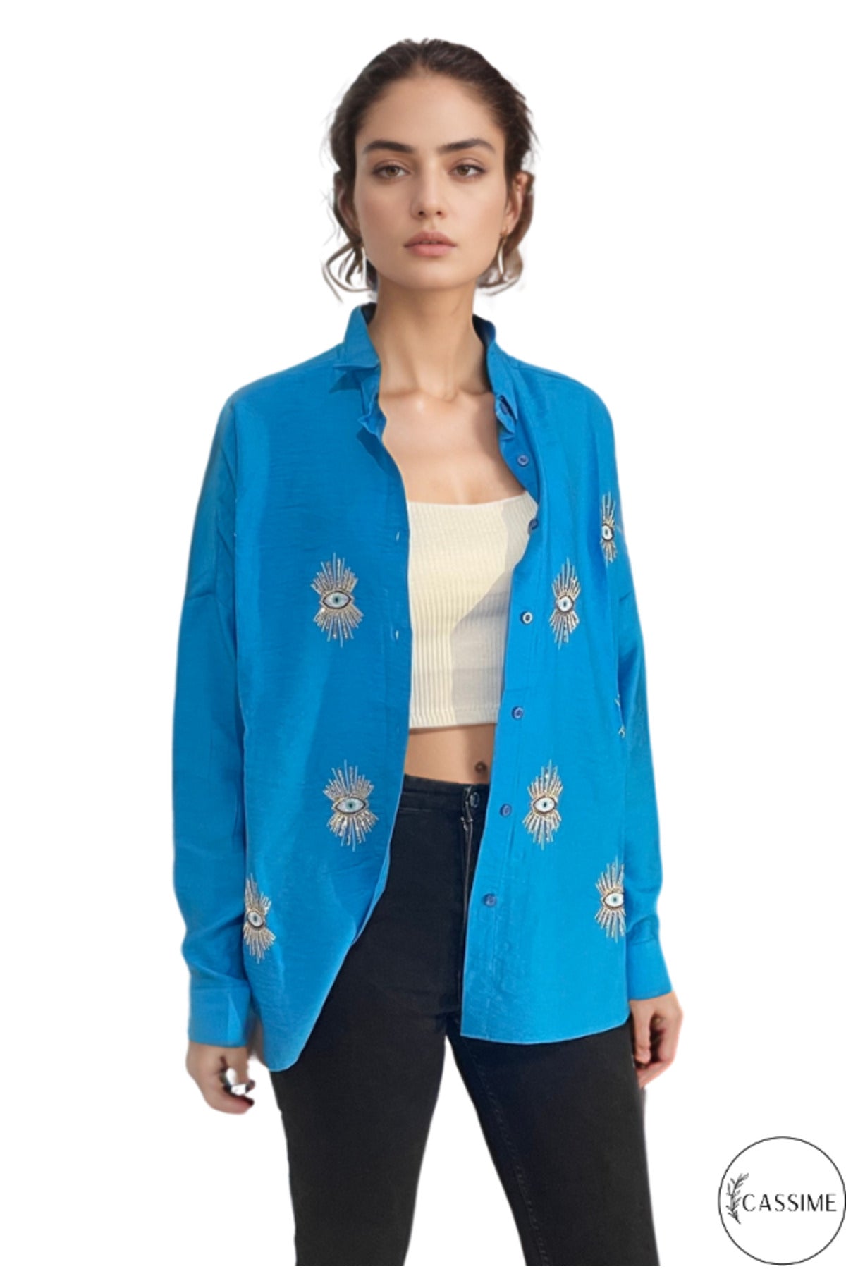 Delilah Women's Cotton Oversized Embellished Long Sleeve Shirt - Turquoise