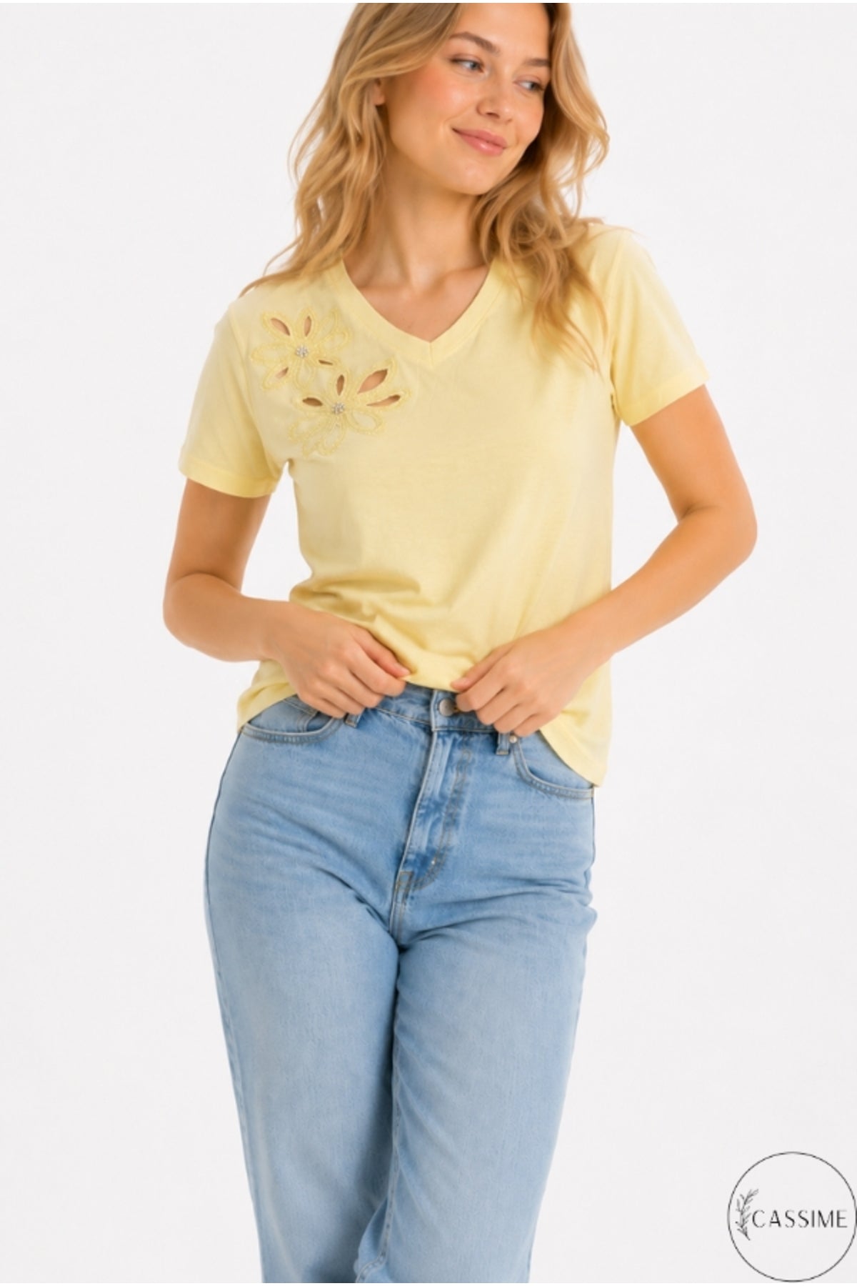Emma Women's Cotton Embellished T-Shirt - Yellow Floral Embroidery Print