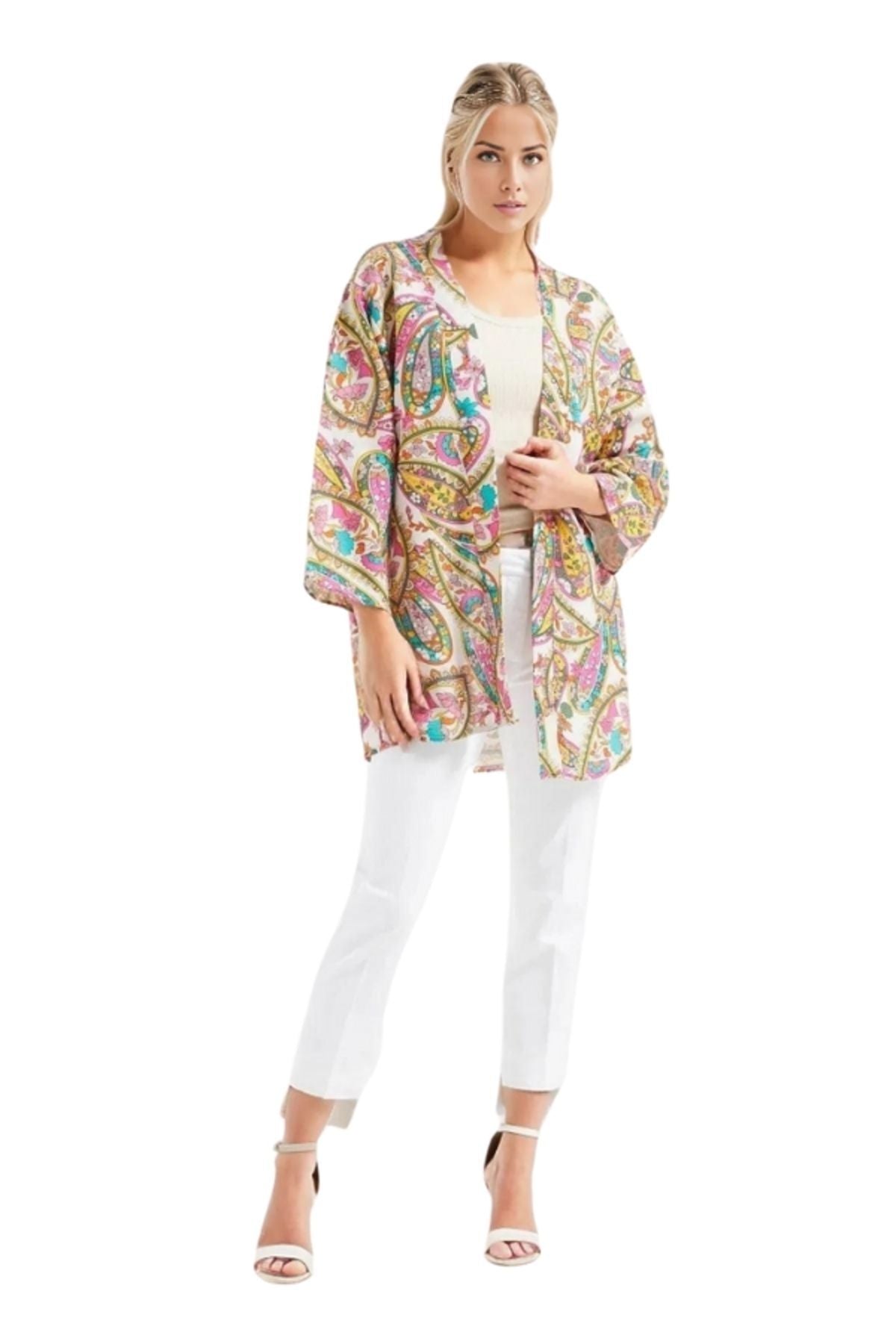 Catherine Women's Linen-Viscose Blend Relaxed Fit Kimono - Multicolor Boho Print