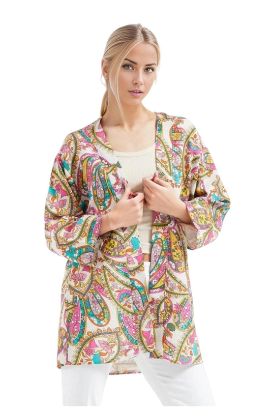 Catherine Women's Linen-Viscose Blend Relaxed Fit Kimono - Multicolor Boho Print
