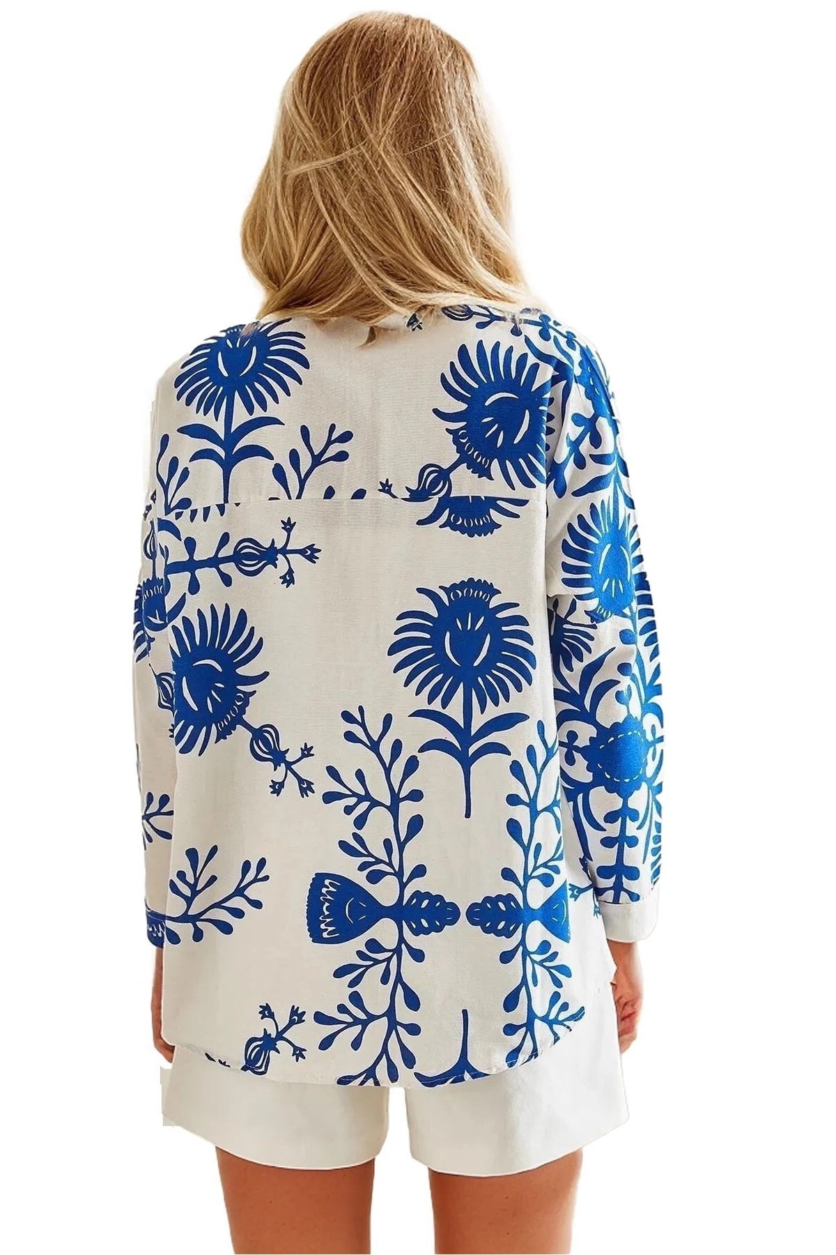 Emilia Women's Linen-Viscose Blend Oversized Printed Shirt - Blue Tulip