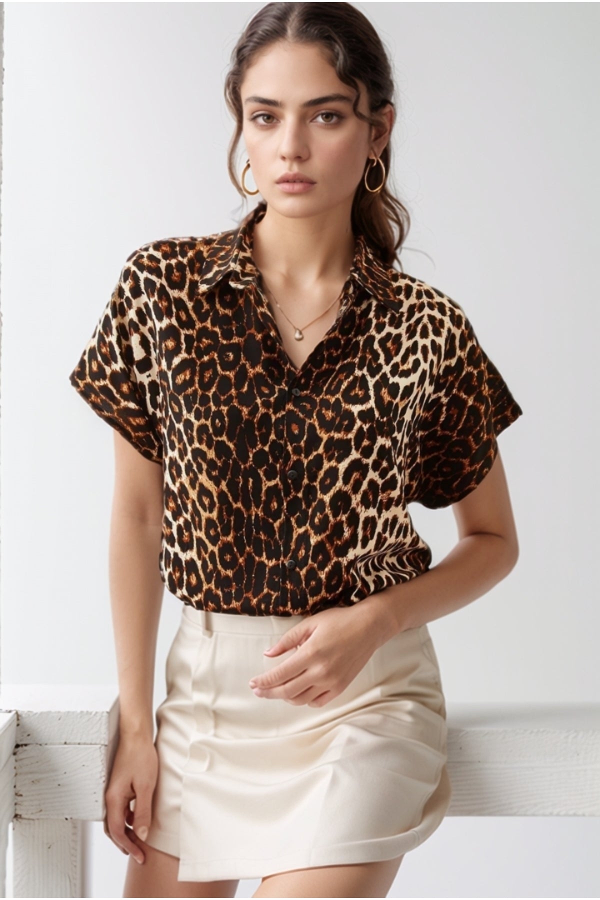 Charlotte Women's Short Sleeve Batwing Shirt - Black Leopard Print