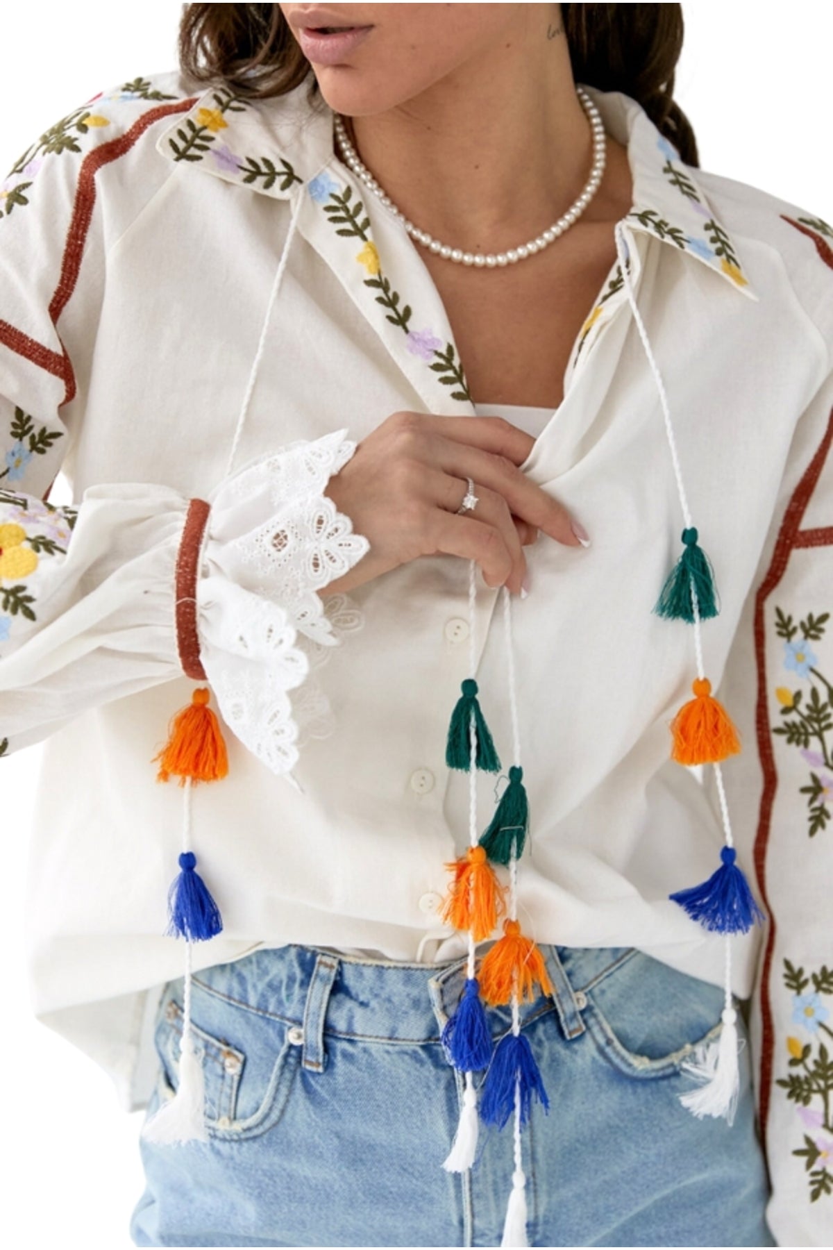 Addison Women's Cotton Vintage Inspired Floral Embroidered Blouse - White