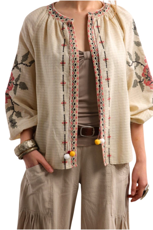Lilian Women's Rose Embroidered Tie Blouse - Beige