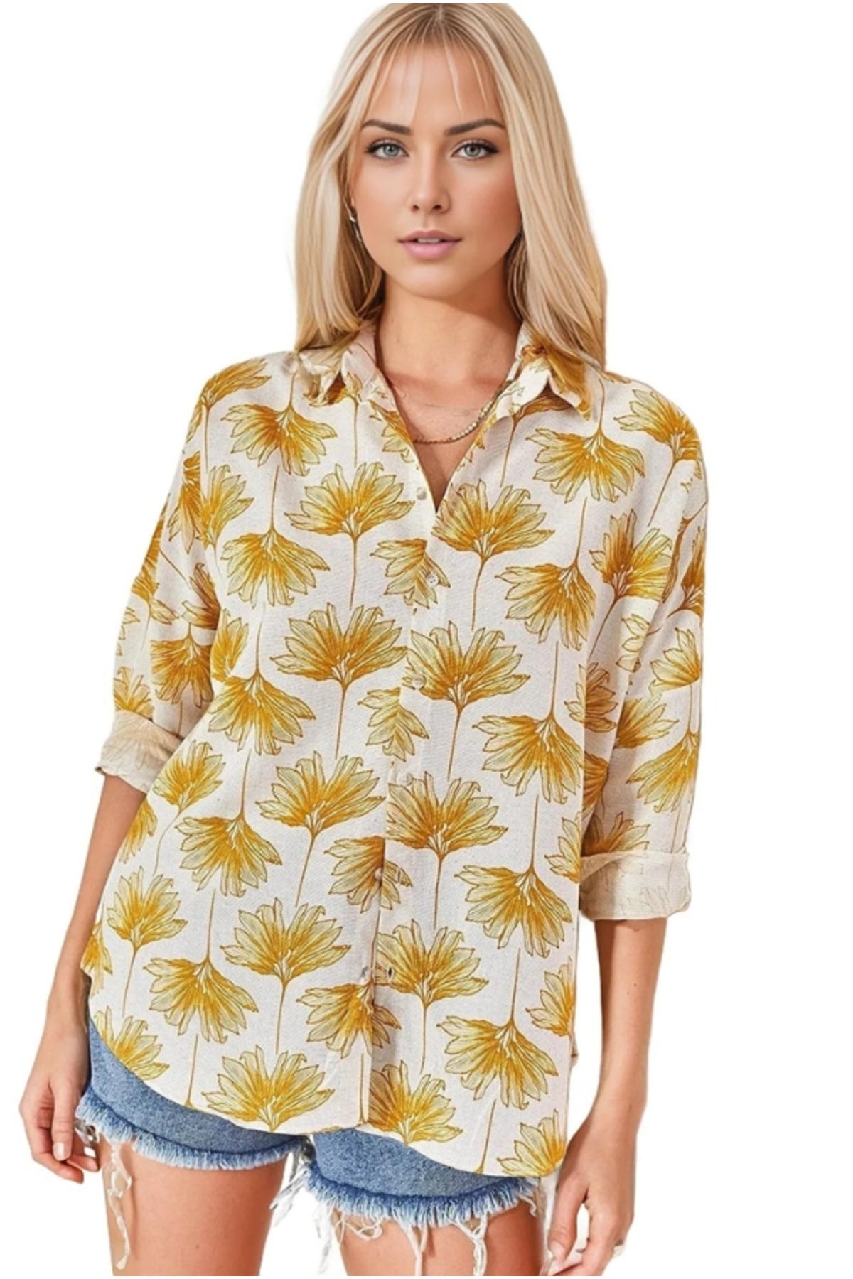 Emilia Women's Linen-Viscose Blend Oversized Printed Shirt - Yellow Ginkgo