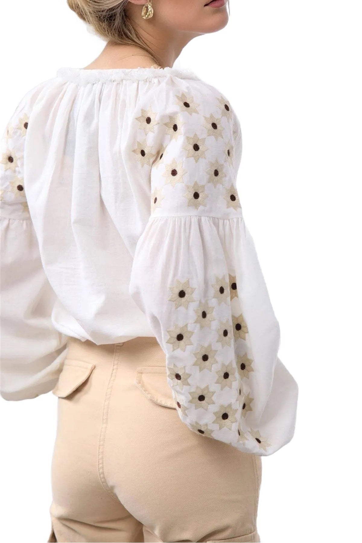 Penelope Women's Cotton Vintage Inspired Embroidered Blouse - White Star