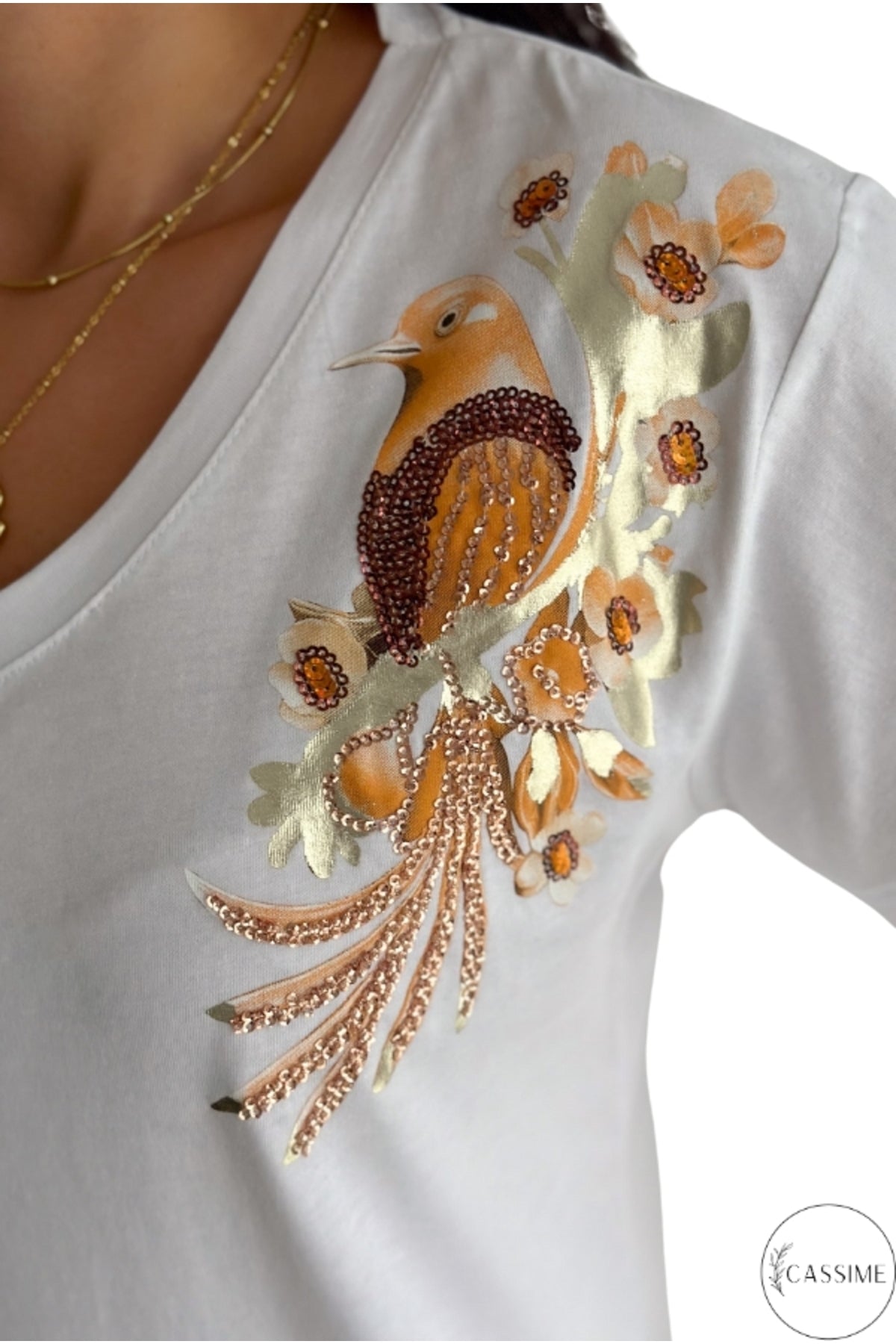 Olivia Women's Cotton Plus Size Embellished V-Neck T-Shirt - White with Gold Bird Embroidery
