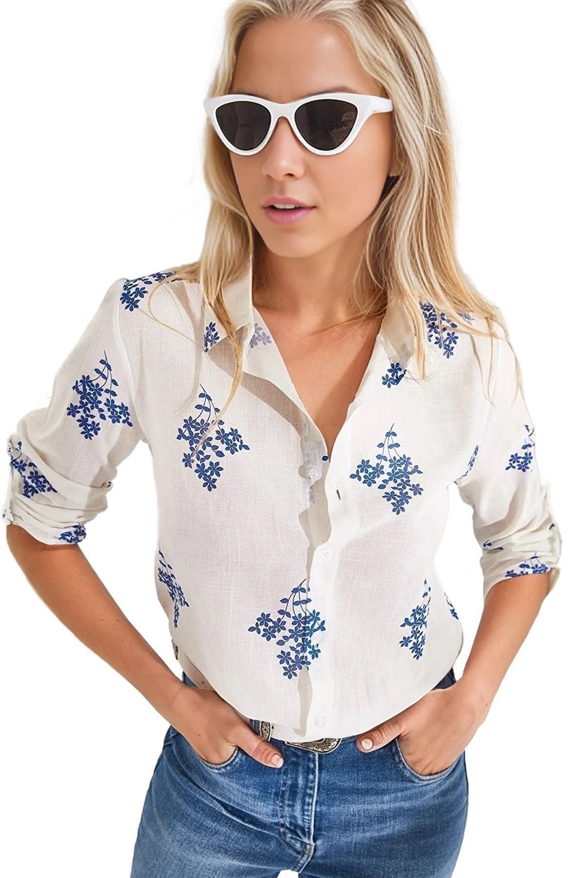 Robyn Women's Cotton Blend Roll-Sleeve Button-Up Shirt - Navy Floral