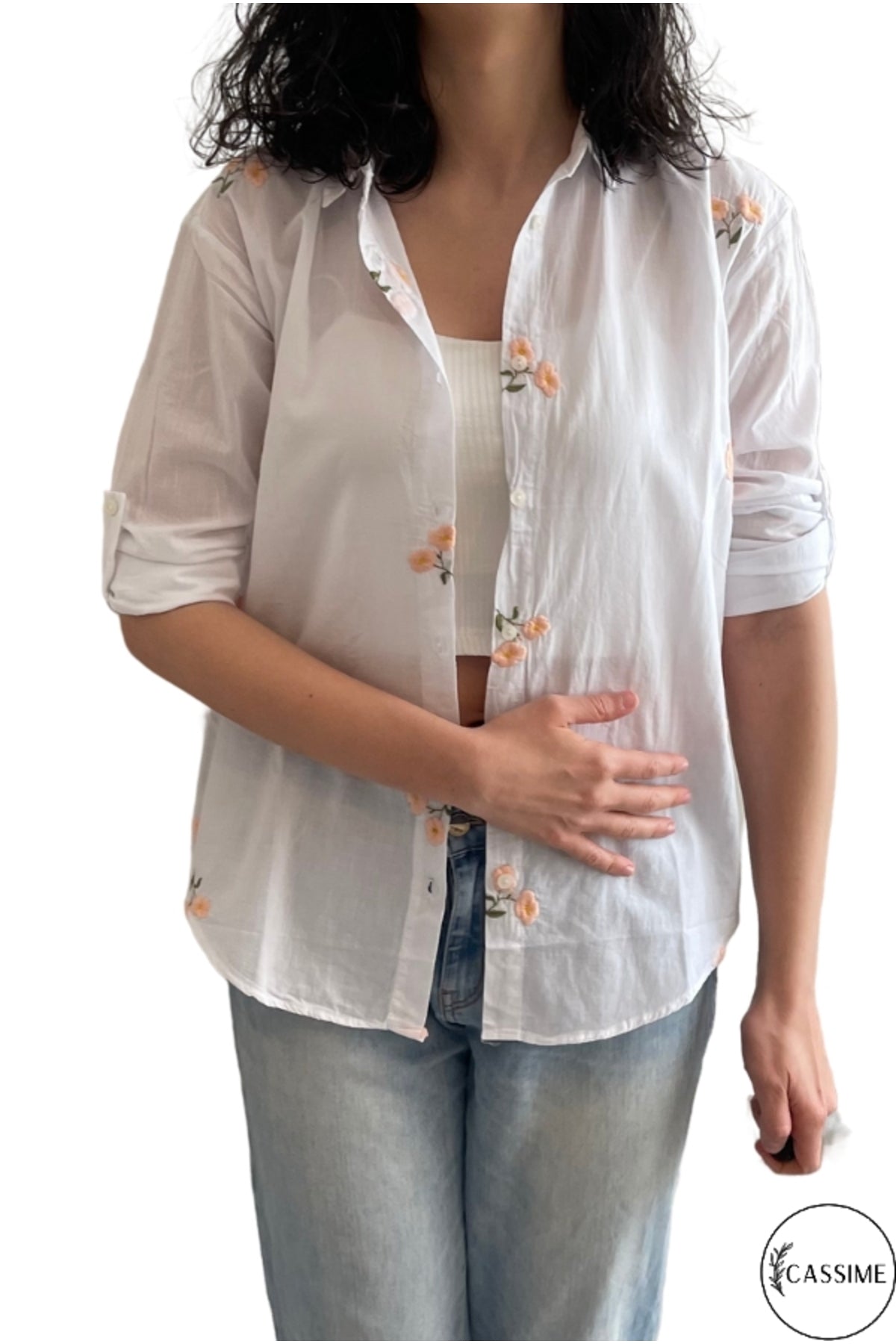 Ella Women's Cotton Embroidered Button-Up Shirt - White with Peach Flowers