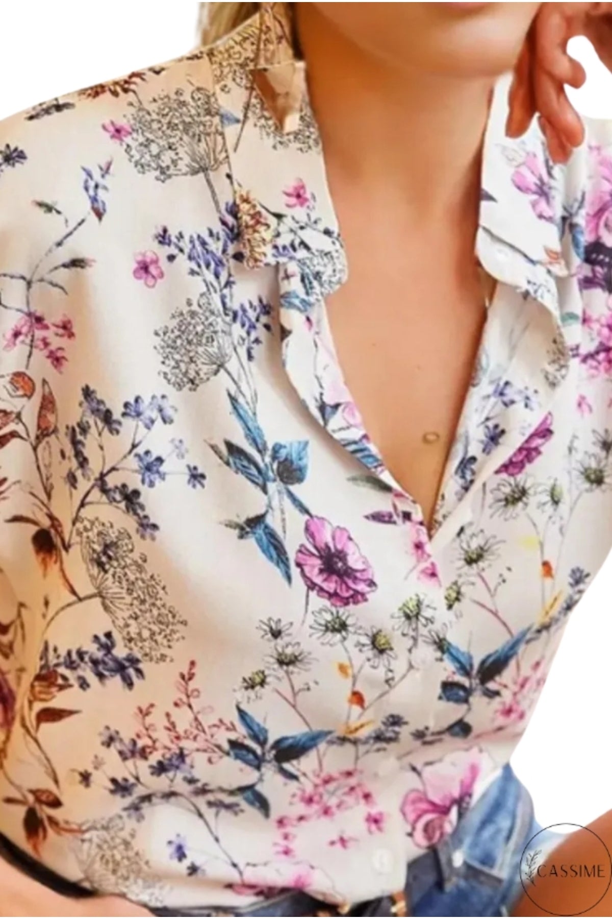 Daisy Women's Sleeveless Button-Up Shirt - Ecru and Purple Floral