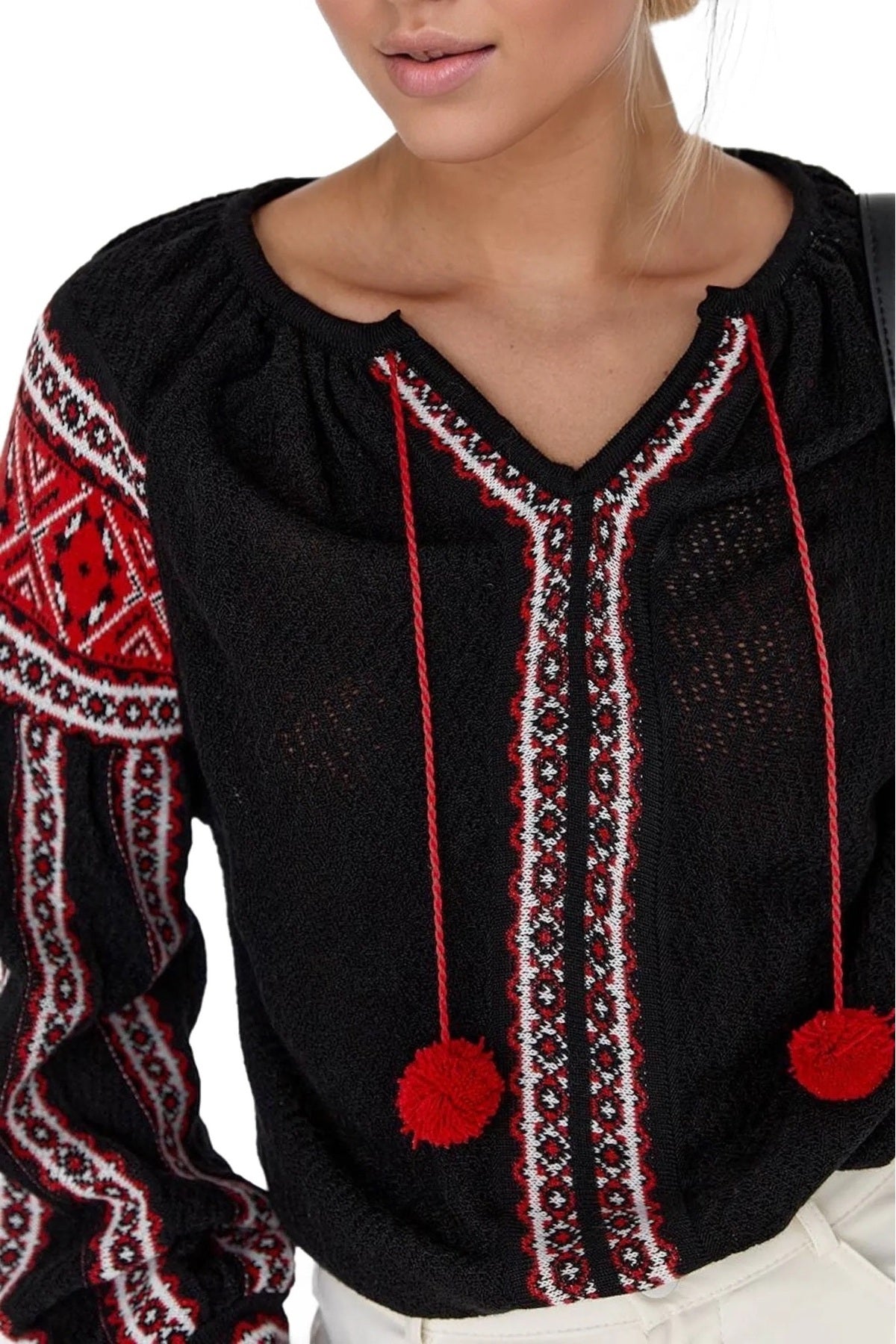 Phoebe Women's V-Neck Tassel Knit Blouse - Black