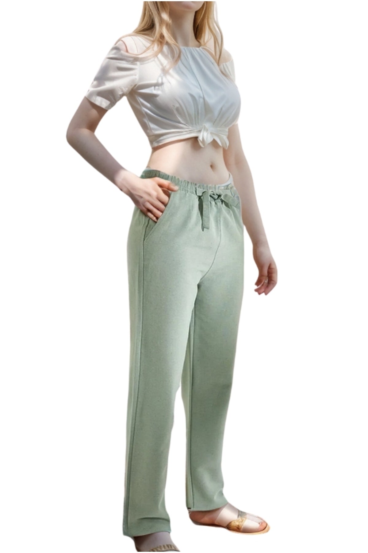 Victoria Women's Linen-Viscose Blend Belted Tapered Pants with Pockets - Almond Green