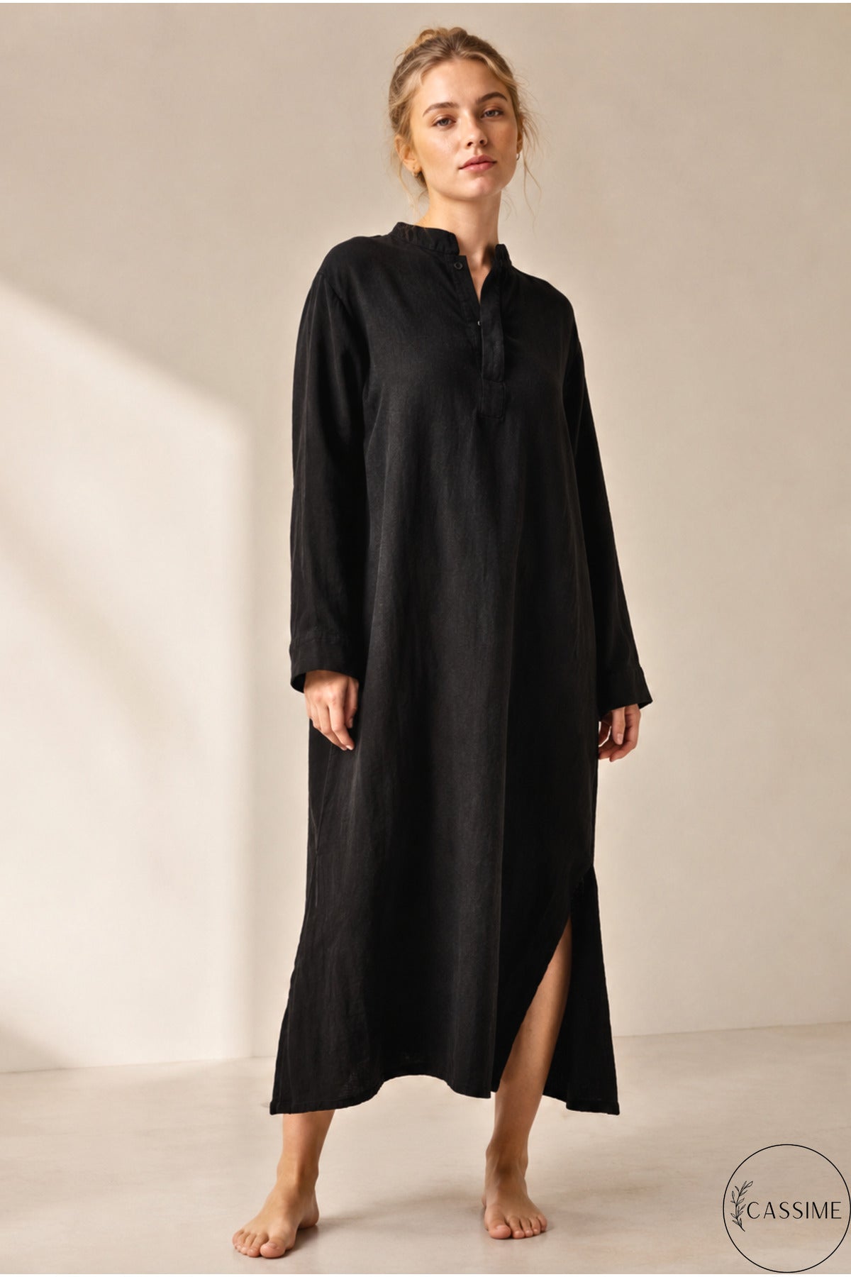 Hazel Women's Oversized Muslin Shirt Dress - Black Mandarin Collar