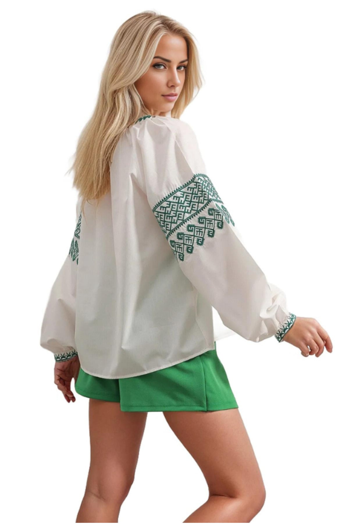 Zoe Women's Boho Embroidered Poplin Blouse - White with Green Embroidery