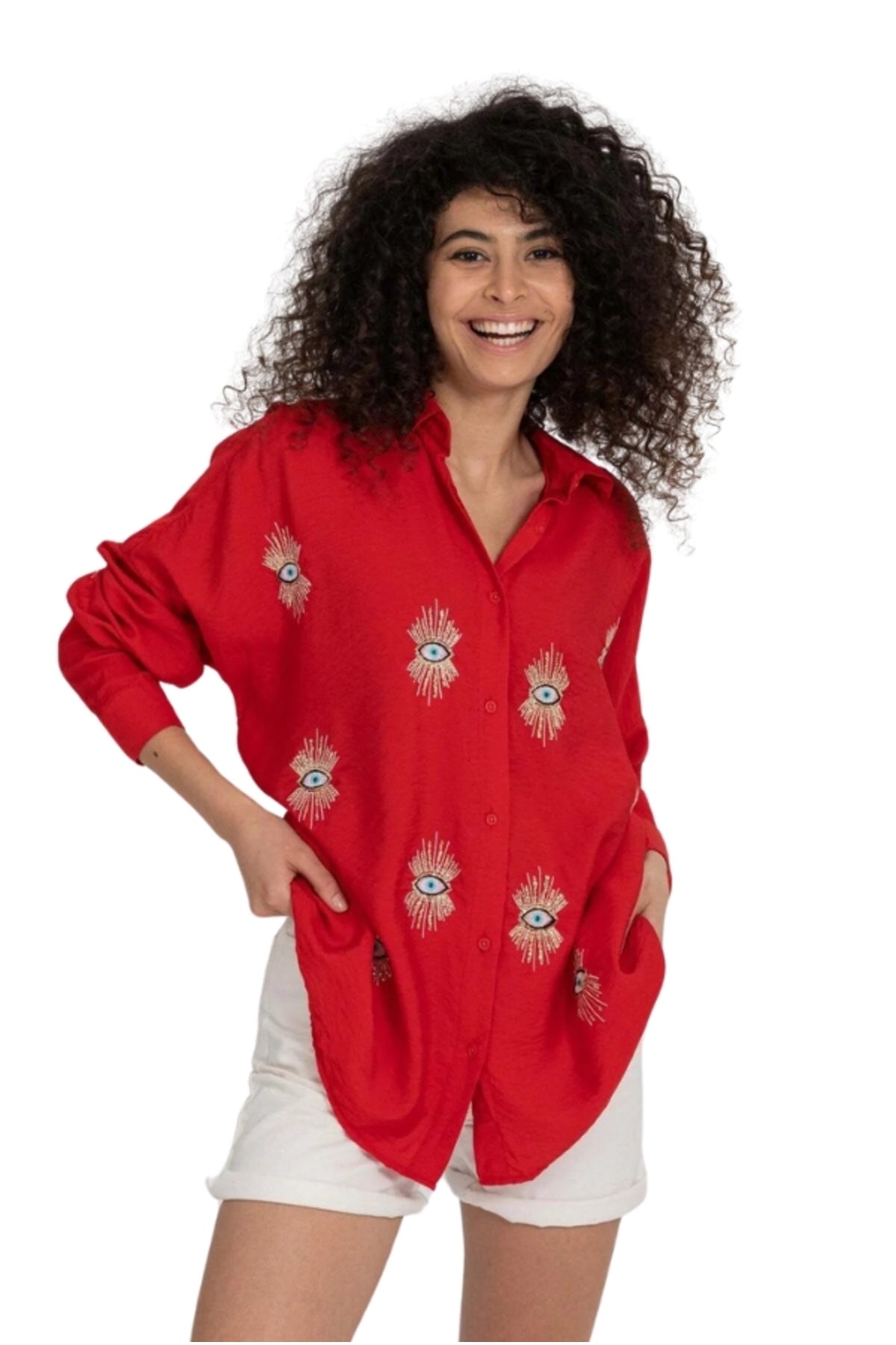Delilah Women's Oversized Embellished Long Sleeve Shirt - Red