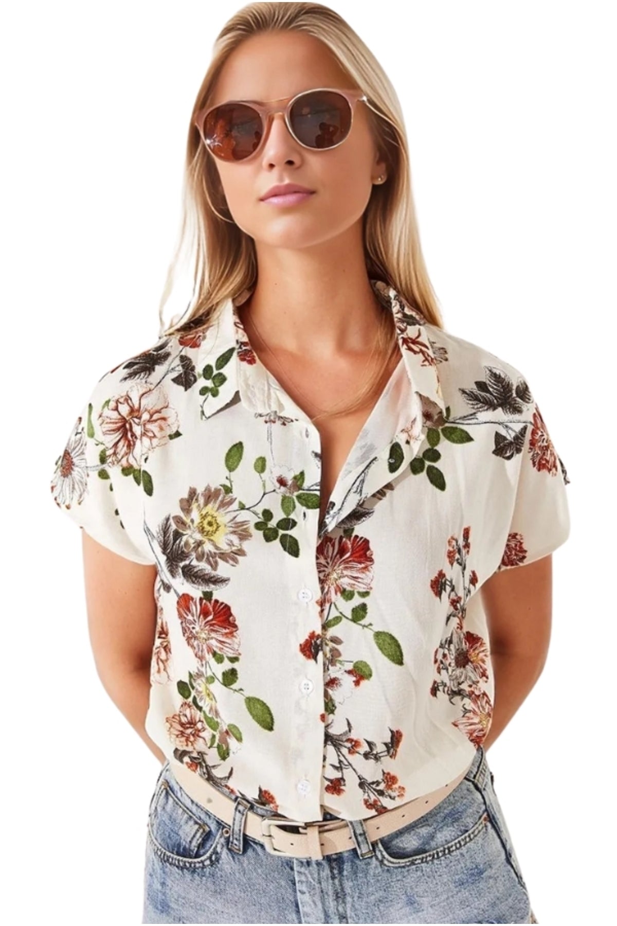Charlotte Women's Short Sleeve Batwing Shirt - Off-White Floral Print