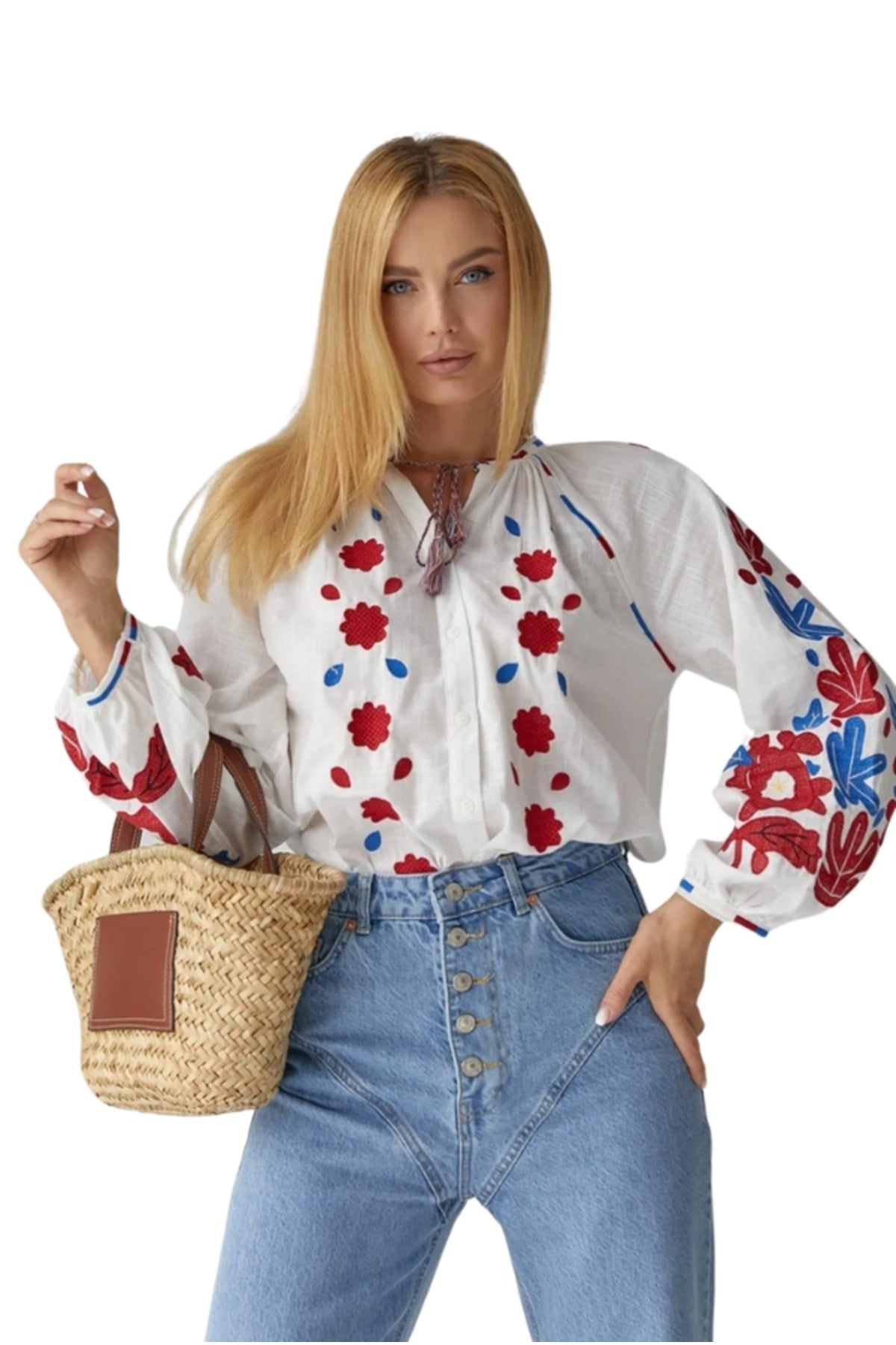 Sylvia Women's Cotton Floral Embroidered Blouse - White with Red and Blue Floral Embroidery