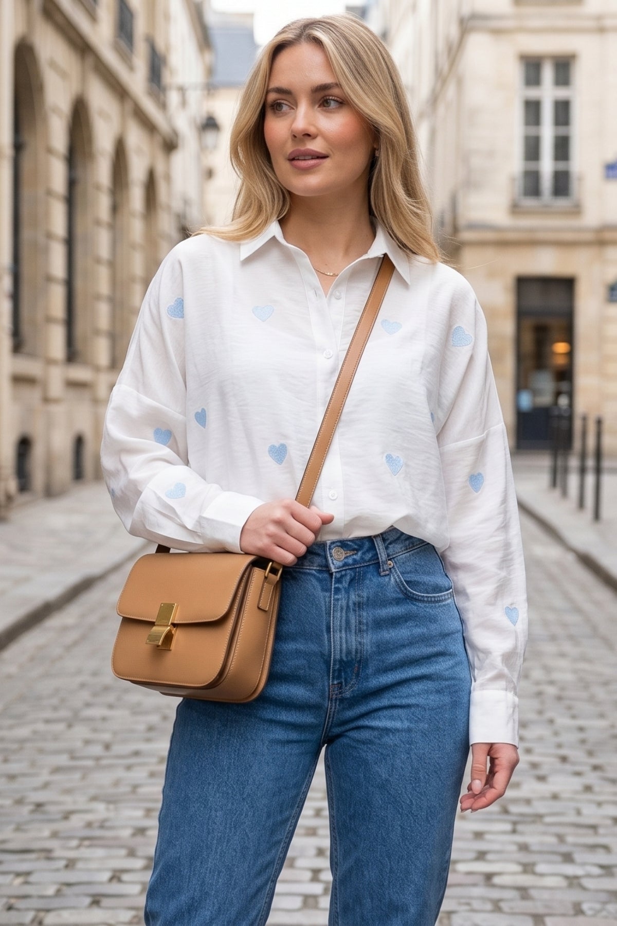 Delilah Women's Cotton Oversized Embellished Long Sleeve Shirt - Ecru with Blue Heart Embroidery