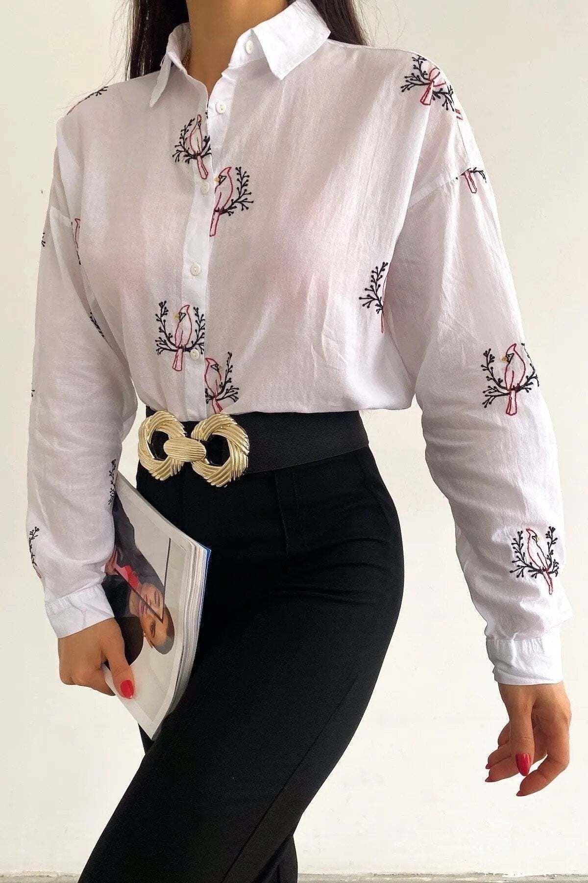 Camille Women's Cotton Bird Embroidered Shirt - Bird Embroidery