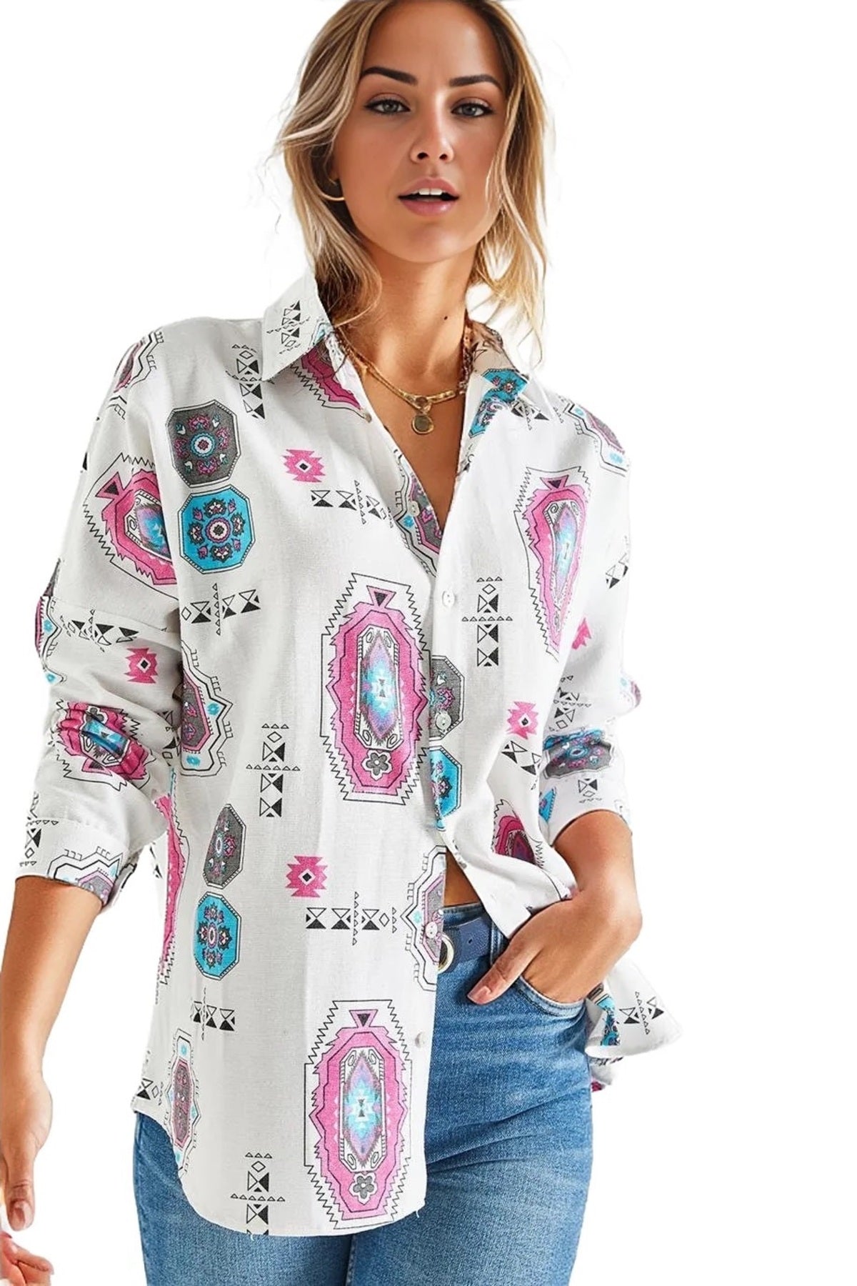 Emilia Women's Linen-Viscose Blend Oversized Printed Shirt - Pink Boho Print