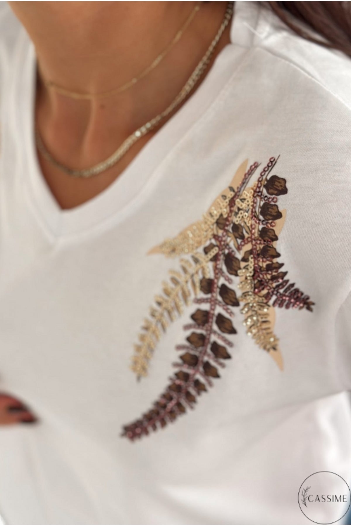 Olivia Women's Cotton Plus Size Embellished V-Neck T-Shirt - Copper Flower Sequin Embellishment
